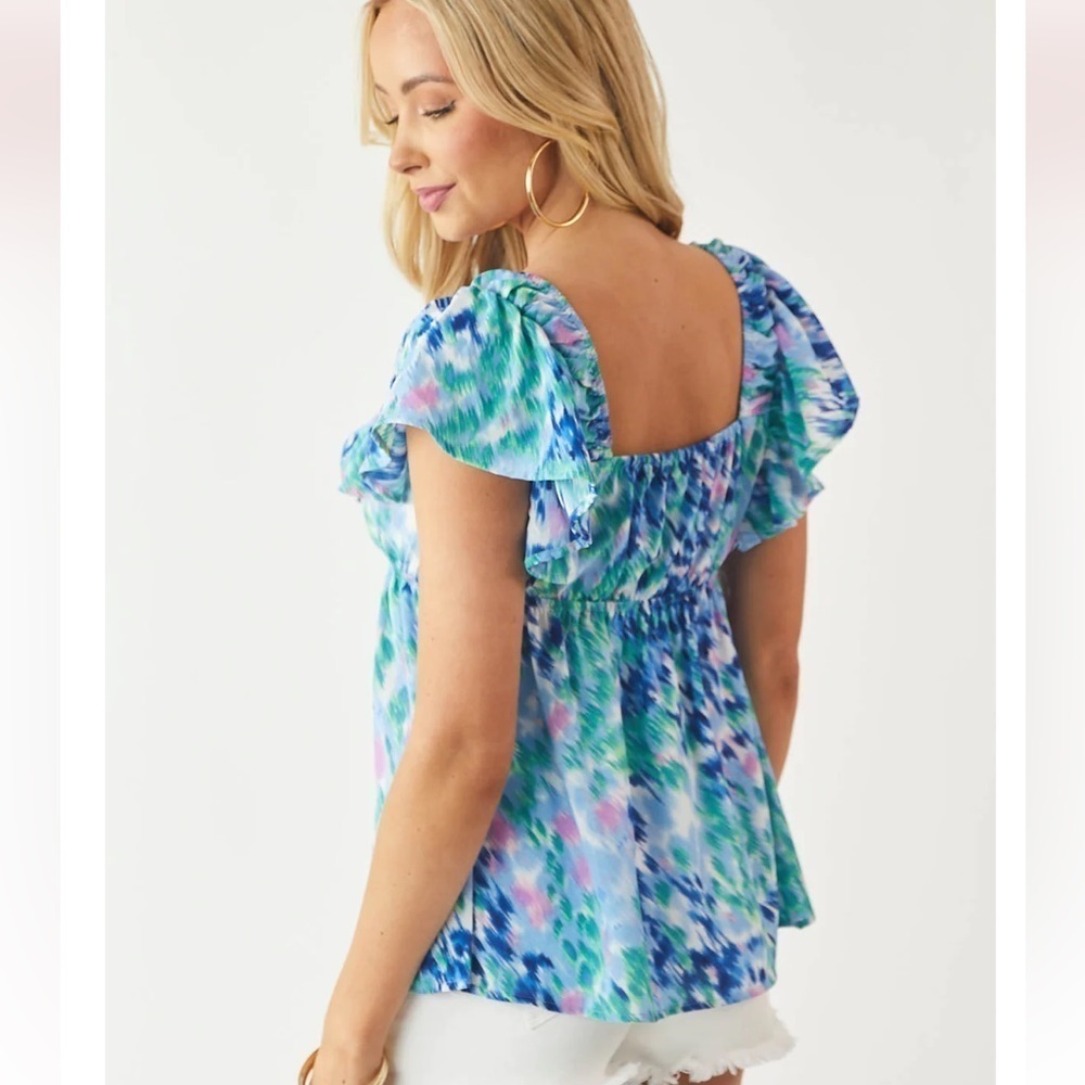 Umgee Abstract Elastic V Neck Ruffle Top - Picture 4 of 8